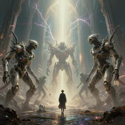 otherworldly ambient occlusion render metaphysical scifi cosmic skullpunk biomech creatures entering the ethereal plane mecha cathedral by beksinski, art by artgerm, wlop, loish, ilya kuvshinov, muted vaporwave ombre, leading lines, fractal lightning, lichtenberg figures, vanishing point, volumetric lighting, god rays