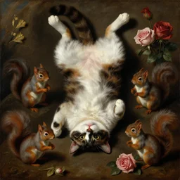 Baroque portrait of an inverted cat surrounded by squirrels and roses. Highly detailed, anatomically correct, dramatic lighting, oil paint on canvas