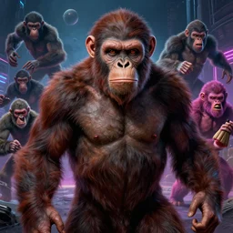 realistic portrait beautiful detailed 3 d painting of cinematic movie scene of planet of the apes, apes become berserk mutant. action sequence, created by gustave dore and raffaelo sanzi, high detailed, smooth draw, synthwave neon retrofuturism, intricate, realistic proportions, dramatic lighting, trending on artstation.