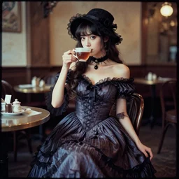 lomography, full body portrait photo of reol wearing a elegant pleated gothic dress, open top, wearing a choker and cute hat, drinking tea in a retro cafe interior, moody, realistic, dark, skin tinted a warm tone, light blue filter, hdr, rounded eye, detailed facial features, alphonse mucha