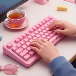 highly detailed matte painting of gen z russian playing a pink keyboard with a cup of tea, realistic,