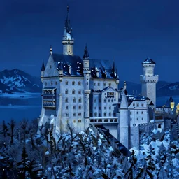a painting of a castle in the middle of a snowy mountain, a detailed matte painting by andreas rocha and greg rutkowski, blue light, night time, midnight, featured on artstation, fantasy art, matte drawing, matte painting, artstation hq