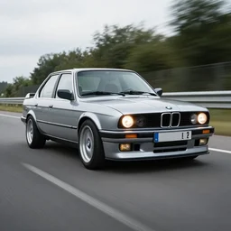 a rolling shot of a modified bmw e 3 0 with lights on, on a street race track, motion blur, 3 5 mm photography, car photography, clean lines, realistic