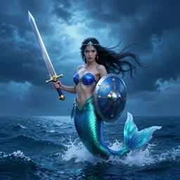 A mythical mermaid warrior wielding her sword and shield in the middle of the ocean with a storm in the background, with a blue atmosphere