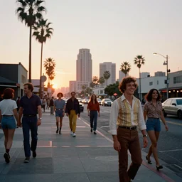 streetlife in los angeles sunset with happy people in 1 9 7 0. 7 0's color 4 k