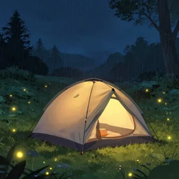camping on a farmers field, tent, rain, rainy night, soft glow inside tent, fireflies, medium shot, waist up, pixar and disney animation, sharp, rendered in unreal engine 5, anime key art by greg rutkowski, bloom, dramatic lighting
