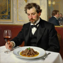 oil painting handsome aristocrat in elegant black suit in a restaurant, dish with cooked sandworm from dune on a plate, painted by greg rutkowski cushart krentz jeremy mann alphonse mucha, wine glass, marble interior, close up shot, soft lighting, morandi color scheme, white tablecloth, baroque style, volumetric lighting, photo realistic, highly detailed