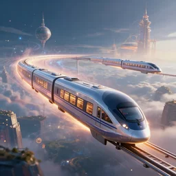 flying trains, magical world, by greg rutkowski, sung choi, photo realistic, 8 k, cinematic lighting, hd, atmospheric, hyperdetailed, trending on artstation, devainart, digital painting, glow effect