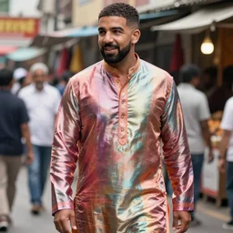 drake wearing a colorful silk kurta, mumbai marketplace scene