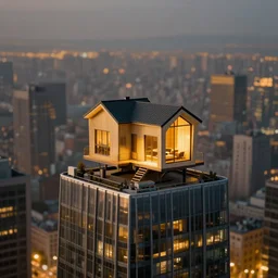 tiny house on the roof of a skyscraper designed by zaha hadid, cinematic lighting, deep focus, sharp focus, golden ratio, dramatic illumination, hdr, ultra realistic, 8 k, highly detailed, trending on artstation, epic composition, by caravaggio, by artemisia lomi gentileschi