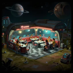 inside a diner, in a small remote outpost, on a remote planet, cyberpunk style, from a point and click 2 d graphic adventure game, set design inspired slightly by tomb raider, art inspired by [ [ thomas kinkade ] ] and [ mark keathley ]