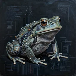 toads, big toad, mechanical artwork, technical, abstract, acrylic, oil, circuit board, clay, lines, vektroid, dots, drips, dimensions, tears, leaks, glitches, frogs, amphibians, geometry, data, datamosh, motherboard, minimal, vinyl, code, cybernetic, painting, dark, eerie, cyber