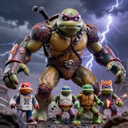 hyperrealistic rendering, epic boss battle, cronenberg flesh monster tmnt, by art of skinner and richard corben, product photography, collectible action figure, sofubi, hottoys, storm clouds, outside, lightning