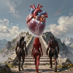a fantasy painting of three demons walking up stairs leading to an anatomical heart on a mountain peak, unreal engine, 8 k