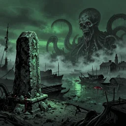detailed ultra - realistic graphic novel illustration of lovecraft horror desolate port district, altar stone near insmouth perspective view, inspired by famous fantasy illustrators, fog, blood, tentacles, evil fluid, darkness night, terrific, green, black colors