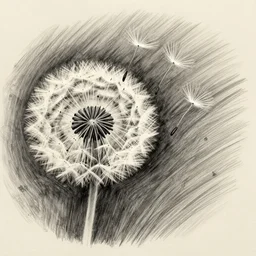 pencil drawing of dandelion seeds blowing in the wind