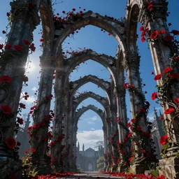 broken arches leading to the pillars of eternity draped with red flowers and vines, blue sky, lens flare, a sense of mystery, cinematic, ultra detailed, intricate, sharp focus, trending on artstation, 8K, art by Tim Burton