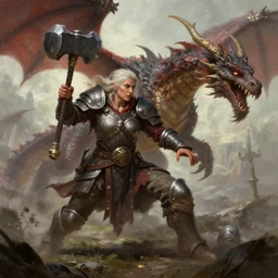 female dwarf warrior with a large hammer fighting a dragon, a fantasy digital painting by Greg Rutkowski and James Gurney, trending on Artstation, highly detailed