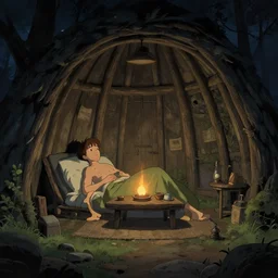 night inside hut, night, color, best composition, cinematic, art style james gurney, artstation trending