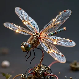 a macro photograph of a steampunk dragonfly made from cables and bio - organic micro organisms and metal parts and led, beautifully lit, by tomasz alen kopera and peter mohrbacher and craig mullins, 3 d, trending on artstation, octane render, 8 k
