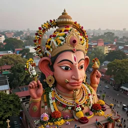 beautiful dreamy! biomorphic new delhi, hanuman!! head building, kalighat flowers, octane sharp cinematic, stephen shore & john j. park, soft morning light, wide shot, aerial shot, uhd 8 k, shallow depth of field