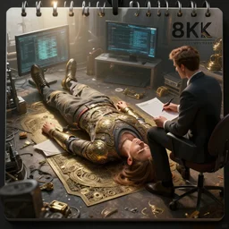 lying data and the consultant, dim volumetric lighting, 8 k octane beautifully detailed render, post - processing, extremely hyper - detailed, intricate, epic composition, calendar says monday, cinematic lighting, masterpiece, trending on artstation, detailed detailed detailed, masterpiece, stunning art, wonderful masterpiece, beautiful cinematic light