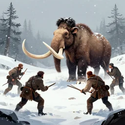 cave men hunting a mammoth in a blizzard digitial art
