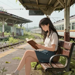 concept artwork of a beautiful girl sitting on a bench reading at an abandoned overgrown train station, old train station, establishing shot, ross draws, ross tran, trending on artstation detailed anime illustration, detailed artwork