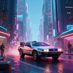 delorean in the middle of the street in a cyberpunk city with skyscrapers, artstation award winner, digital art, volumetric lighting, neon colors, octane render