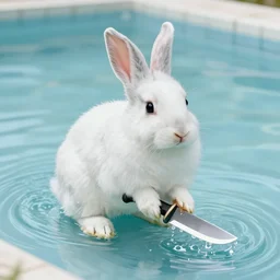 a cute fluffy rabbit stands in a pool of water. While holding a flint knife makes slicing motions through the air.  in a lowbrow, Alebrijes Aesthetic, pop surrealism art style, Toon Render Keyshot, intricate, line-drawing, black ink on white paper