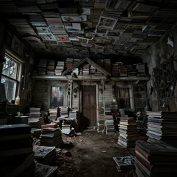 ultra wide shot of a spooky hoarder's house where piles of books and magazines reach the ceiling, atmospheric dread