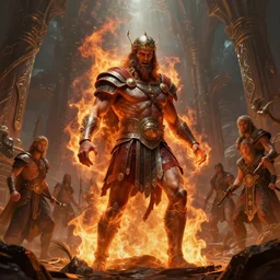a greek warrior god, tormented, fire, unreal engine, fantasy art by greg rutkowski, rhads, ferdinand knab, frank frazetta, makoto shinkaib and lois van baarle, ilya kuvshinov, rossdraws, tom bagshaw, global illumination, detailed and intricate environment by fromsoftware, spiritual, fantasy landscape