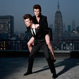david bowie from changes giving a piggy back ride to ziggy stardust. as a photograph with new york in the background
