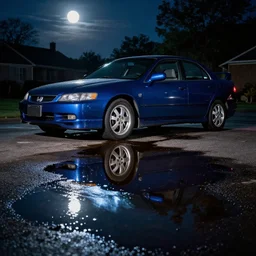 2003 blue Honda Accord leaking large puddle of oil onto driveway, midnight, moonlight, stark lighting, reflective puddle, pool, oil, by Scott Listfield and Mikko Lagerstedt