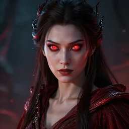 beautiful female wizard with glowing red snake eyes, photoreal, dramatic, cinematic, detailed, magnificiant, realistic, photo real, unreal engine 5, rule of thirds, dynamic lighting, in the style of eddie mendoza and sebastian luedke