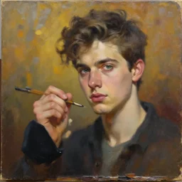 an award winning portrait painting of a painter painting a young handsome man, by mark arian, oil on canvas, masterpiece, realism, piercing gaze, autumn bokeh