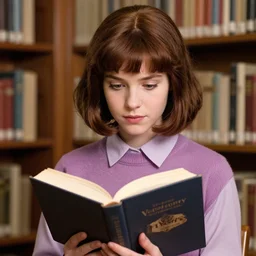 velma dinkley cosplayer reading a book at a library, close - up studio photographic portrait by steve mccurry