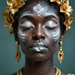hyperrealistic post - symbolist cinematic very beautiful! oshun goddess with white eyes, yoruba body paint, dripping mirror droplet lips, gold flowers, highly detailed digital art masterpiece, smooth etienne sandorfi eric zener dramatic pearlescent soft teal light, ground angle uhd 8 k, sharp focus