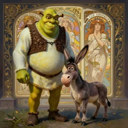 1960s Neo Rococo Expressionist, 1960s orientalism, diffuse lighting, fantasy, intricate, elegant, highly detailed, lifelike, photorealistic, digital painting, artstation, illustration, concept art, smooth, sharp focus, Shrek and Donkey, art by John Collier and Albert Aublet and Krenz Cushart and Artem Demura and Alphonse Mucha
