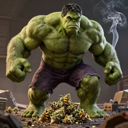 Incredible Hulk smoking weed, gta artstyle, macro, wide shot, dramatic lighting, octane render, hyperrealistic, HD
