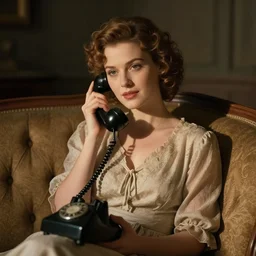 beautiful vintage woman sitting in a loveseat using a rotary phone, cinematic lighting, George Stubbs, artstation