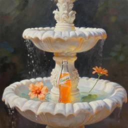 carved marble fountain with orange soda. oil painting, indie concept art, bloom, chiaroscuro, backlighting, intricate details, depth of field.