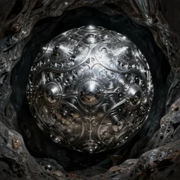discovery of steel silver sphere in dark cave, intricate, elegant, highly detailed, digital painting, artstation, concept art, smooth, sharp focus, illustration, giger, daren bader, aleksi briclot