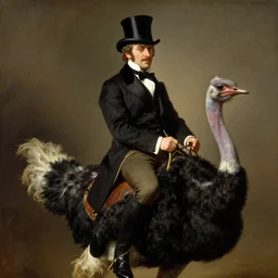portrait of a respectable dignified royal business elite politician wearing a top hat and coat tails riding on an ostrich, art by anders zorn, wonderful masterpiece by greg rutkowski, beautiful cinematic light, american romanticism by greg manchess, jessica rossier