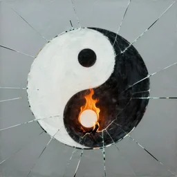 the best lack all conviction while the worst are full passionate intensity, painting, minimalist, elegant, hyperrealistic, seen through broken glass, yin yang symbol on fire