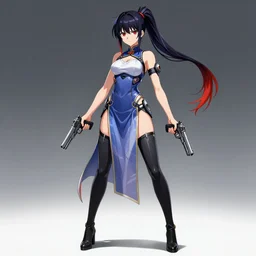 fullbody shinsekai yori anime woman wearing sexy futuristic cyber qipao pigeon - toed. dual wielding pistols, long ponytail and sidelocks