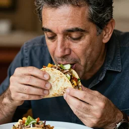 Manuel Valls extremely detailed, eating a tacos