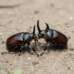 giant rhinoceros beetle fights another beetle, realistic