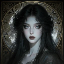 beautiful ghost, beautiful eyes, dark fantasy, intricate, elegant, mysterious, lunar, highly detailed, digital painting, artstation, concept art, matte, clear focus, illustration, works by artgerm and alphonse mucha, cinematic lighting