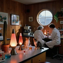 1970s interior magazine photo of a science lab with glowing lava lamps, at dusk, with kittens and scientists in lab coats, wooden walls with framed art, and a potted cactus and some hanging plants, with dappled light coming in through a circular window